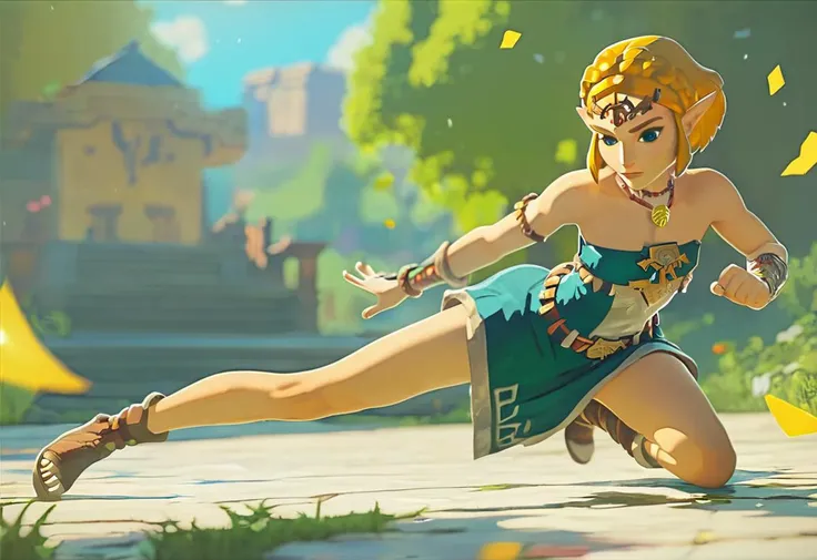 1girl like totkzelda,in zonai dress with bare shoulders, score_9, score_8_up, score_7_up, short hair,flat chest, <lora:pony_totkz-000040:0.85>, fighting