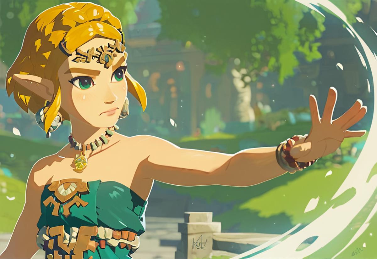A close up of a woman in a green dress holding a sword - SeaArt AI