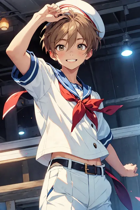 <lora:ensemble_Mashiro_Tomoya:0.8>,mashiro_es,brown hair,1boy,hat,belt,sailor collar,smile,sailor hat,sailor shirt,sailor,ahoge,<lora:Height_Ratio_Slider_v2:-0.6>,dynamic pose,