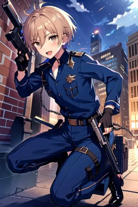 <lora:Mashiro_Tomoya-000010:0.9>, mashiro_es, 1boy, looking at viewer, open mouth, shirt, gloves, holding, jewelry, weapon, outdoors, shoes, teeth, black gloves, collared shirt, belt, pants, fingerless gloves, holding weapon, gun, chain, blue shirt, building, holding gun, handgun, city, blue pants, holster, one knee, police, police uniform, thigh holster