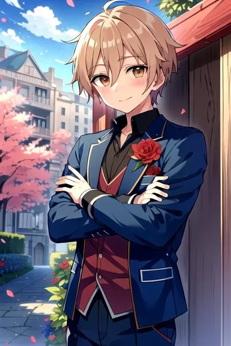 <lora:Mashiro_Tomoya-000010:0.9>,mashiro_es, looking at viewer, blush, smile, 1boy,  shirt, long sleeves, closed mouth, jacket, flower, outdoors, sky, day, pants, tree, blue sky, petals, leaf, crossed arms, plant, red flower, building, bush