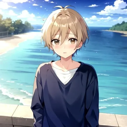 <lora:Mashiro_Tomoya-000010:0.9>, mashiro_es, looking at viewer, 1boy, sky, day