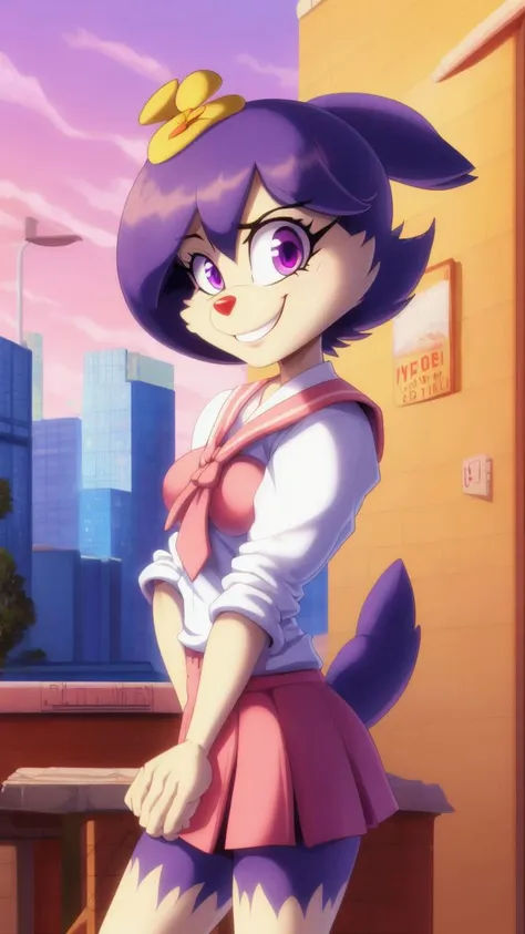 furry female,solo,dot_warner_shoujo,short hair,bangs,flower,hair ornament,purple eyes,animal ears,body fur,tail,school uniform,serafuku,short skirt,pink skirt,smile,looking at viewer,city,<lora:dot_warner_shoujo-000004:1>,