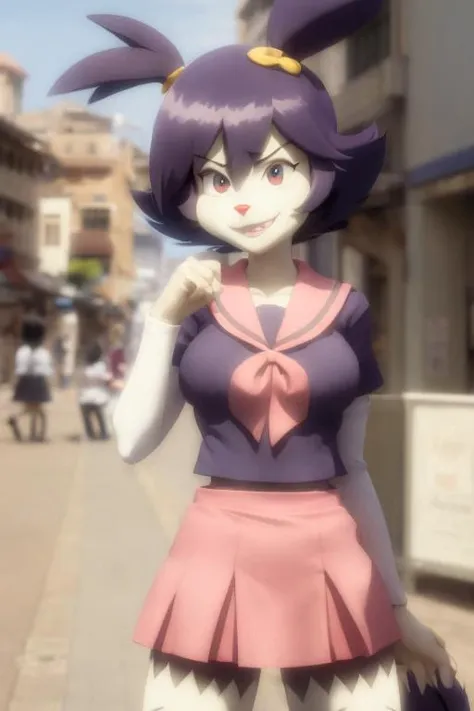 furry female, solo, dot_warner_shoujo, , school uniform, serafuku, short skirt, pink skirt, smile, looking at viewer, city <lora:dot_warner_shoujo-000004:1>