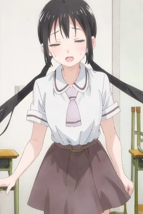 best quality, masterpiece, highres, solo, {hanako_honda_asobiasobase:1.15}, black_hair, long_hair, twintails, brown_eyes, necktie, 1girl, >_<, closed_eyes, low_twintails, open_mouth, sweatdrop, school_uniform, skirt, shirt