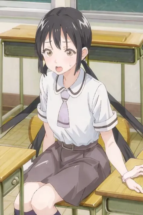 best quality, masterpiece, highres, solo, {hanako_honda_asobiasobase:1.15}, black_hair, long_hair, twintails, brown_eyes, necktie, 1girl, classroom, desk, indoors, open_mouth, school_desk, school_uniform, shirt, short_sleeves, white_shirt, chair, skirt, brown_skirt, collared_shirt, low_twintails, purple_necktie, school_chair, sweatdrop