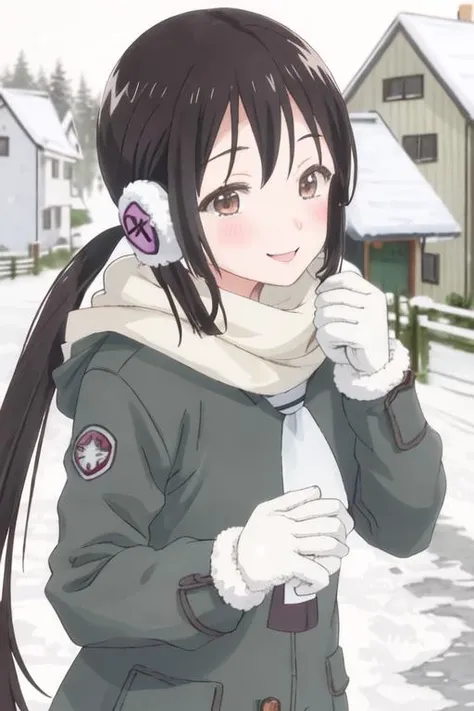 best quality, masterpiece, highres, solo, {hanako_honda_asobiasobase:1.15}, black_hair, long_hair, twintails, brown_eyes, necktie, 1girl, blush, earmuffs, looking_at_viewer, outdoors, smile, snow, coat, scarf, snowing, winter_clothes, mittens, upper_body