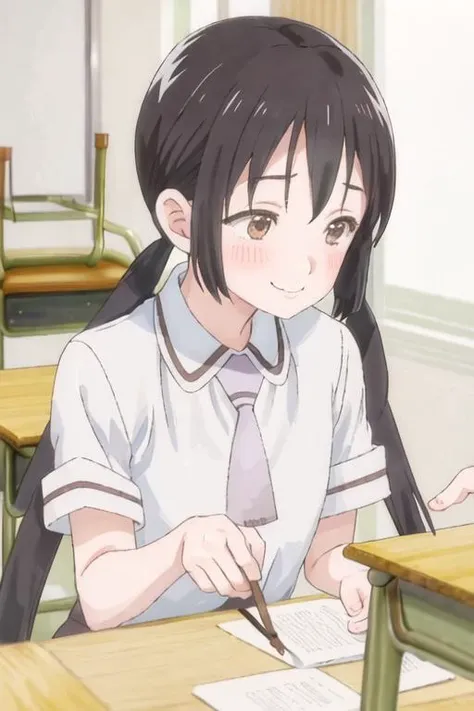 best quality, masterpiece, highres, solo, {hanako_honda_asobiasobase:1.15}, black_hair, long_hair, twintails, brown_eyes, necktie, 1girl, classroom, indoors, school_uniform, shirt, white_shirt, bangs, smile, blush, collared_shirt, desk, short_sleeves, :3, purple_necktie, school_desk, chair, closed_mouth, upper_body