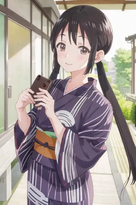 best quality, masterpiece, highres, solo, {yukata:1.40}, {kimono:1.20}, {hanako_honda_asobiasobase:1.15}, black_hair, long_hair, twintails, brown_eyes, necktie