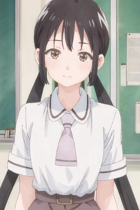 best quality, masterpiece, highres, solo, {hanako_honda_asobiasobase:1.15}, black_hair, long_hair, twintails, brown_eyes, necktie, 1girl, collared_shirt, school_uniform, shirt, white_shirt, bangs, closed_mouth, short_sleeves, upper_body, looking_at_viewer, low_twintails