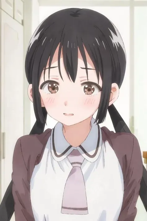 highres,1girl, looking at viewer, hachikuji01, long hair, brown hair, flat chest, twintails, white hairband, skirt, shirt, green bracelet,  school uniform, white shirt, short sleeves, blue skirt, suspenders, suspender skirt, indoors, full-face blush, (heart-shaped pupils:1.4), excited, open mouth, close-up, happy
