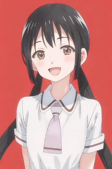 best quality, masterpiece, highres, solo, {hanako_honda_asobiasobase:1.15}, black_hair, long_hair, twintails, brown_eyes, necktie, 1girl, :d, bangs, looking_at_viewer, open_mouth, shirt, simple_background, smile, upper_body, white_background, school_uniform, green_shirt
