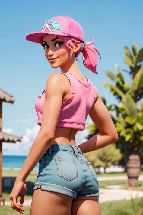 vramsramirez, brown eyes, pink hair, ponytail, hat, pink crop top, short shorts,  looking at viewer, serious, seductive smile, from_behind, outside,  high quality, masterpiece, <lora:VRAMsRamirez:.6>