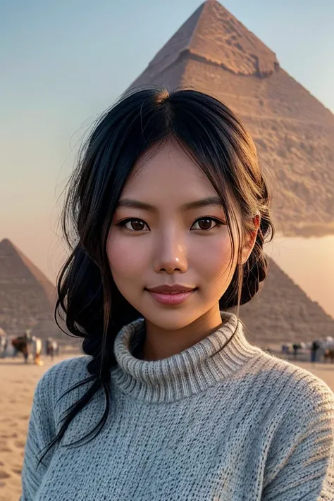 photo of beautiful (EPV4r13tygurlV2:0.99), a woman with perfect hair, hair upsweep updo, wearing (gradient Chunky Knit Sweater :1.1), (standing at Pyramids of Giza - Egypt :1.1), modelshoot style, (extremely detailed CG unity 8k wallpaper), professional majestic photography, (smile), ((upper body)), (camera), 24mm, exposure blend, hdr, faded, extremely intricate, High (Detail:1.1), Sharp focus, dramatic, soft cinematic light, (upper body), (looking at viewer), (detailed pupils), 4k textures, soft cinematic light, adobe lightroom, photolab, elegant, ((((cinematic look)))), soothing tones, insane details, hyperdetailed, low contrast("I've got a bad feeling about this.":1.1), ("In Jernau we trust!":1.1),