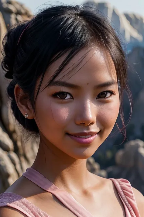 photo of beautiful (EPV4r13tygurlV2:0.99), a woman with perfect hair, hair upsweep updo, wearing (pink Satin Wrap Top :1.1), (standing at Mount Rushmore - South Dakota, USA :1.1), modelshoot style, (extremely detailed CG unity 8k wallpaper), professional majestic photography, (smile), ((upper body)), (camera), 24mm, exposure blend, hdr, faded, extremely intricate, High (Detail:1.1), Sharp focus, dramatic, soft cinematic light, (upper body), (looking at viewer), (detailed pupils), 4k textures, soft cinematic light, adobe lightroom, photolab, elegant, ((((cinematic look)))), soothing tones, insane details, hyperdetailed, low contrast("I've got a bad feeling about this.":1.1), ("In Jernau we trust!":1.1),