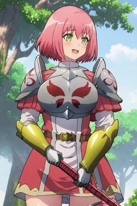 best quality, masterpiece, highres, solo, {hanabata_nohkins_futokunoguild:1.15}, pink_hair, short_hair, blush, green_eyes, open_mouth, breasts, large_breasts, 1girl, armor, shoulder_armor, sword, weapon, outdoors, shield, smile, upper_body, closed_mouth, pauldrons, tree