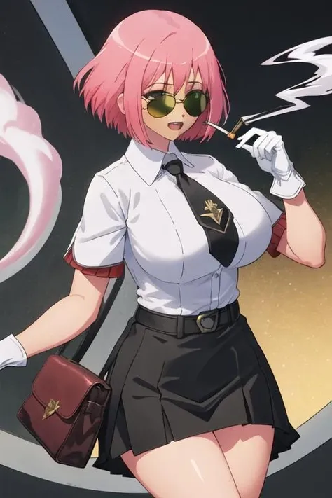 best quality, masterpiece, highres, solo, {black business suit:1.40}, {tie:1.20}, {sunglasses:1.25}, {white gloves:1.15}, {white shirt:1.10}, {black skirt:1.15}, {smoking:1.20}, handsome, {hanabata_nohkins_futokunoguild:1.15}, pink_hair, short_hair, blush, green_eyes, open_mouth, breasts, large_breasts