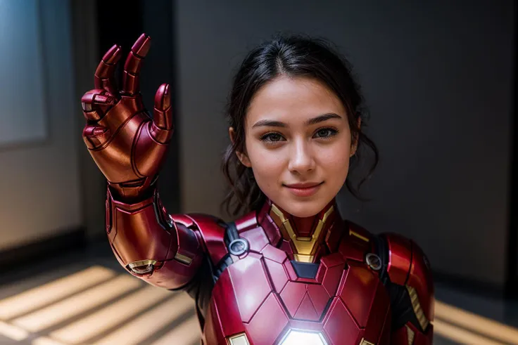 Marvel movies,photo of a 18 year old girl,ironman,pov-high-5,happy,ray tracing,detail shadow,shot on Fujifilm X-T4,85mm f1.2,sharp focus,depth of field,blurry background,bokeh,motion blur,<lora:add_detail:1>,