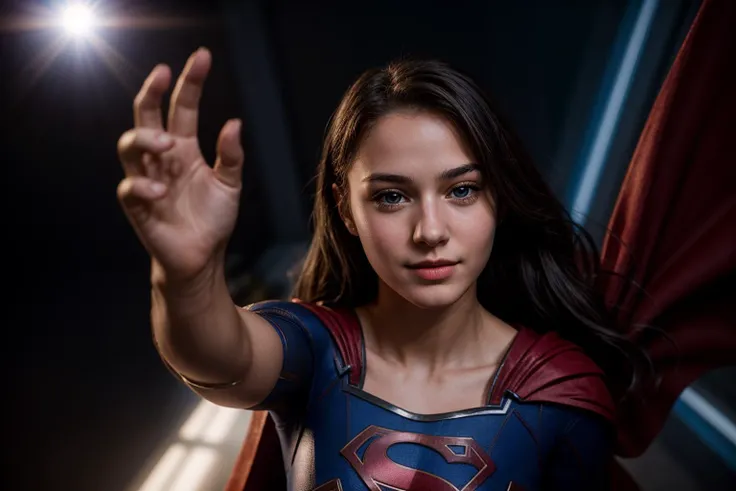 DC s,photo of a 18 year old girl,supergirl,pov-high-5,happy,ray tracing,detail shadow,shot on Fujifilm X-T4,85mm f1.2,sharp focus,depth of field,blurry background,bokeh,motion blur,<lora:add_detail:1>,