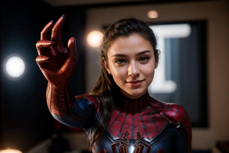 Marvel movies,photo of a 18 year old girl,spiderman,pov-high-5,happy,ray tracing,detail shadow,shot on Fujifilm X-T4,85mm f1.2,sharp focus,depth of field,blurry background,bokeh,motion blur,<lora:add_detail:1>,