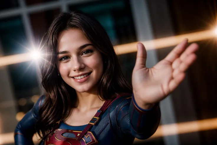 DC s,photo of a 18 year old girl,supergirl,high five,happy,laughing,ray tracing,detail shadow,shot on Fujifilm X-T4,85mm f1.2,sharp focus,depth of field,blurry background,bokeh,motion blur,<lora:add_detail:1>,