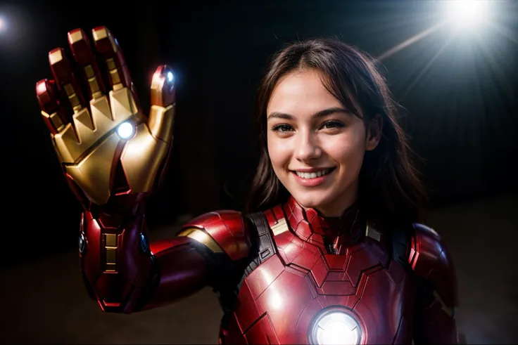 Marvel movies,photo of a 18 year old girl,ironman,high five,happy,laughing,ray tracing,detail shadow,shot on Fujifilm X-T4,85mm f1.2,sharp focus,depth of field,blurry background,bokeh,motion blur,<lora:add_detail:1>,