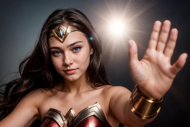 DC s,photo of a 18 year old girl,wonder woman,high five,happy,ray tracing,detail shadow,shot on Fujifilm X-T4,85mm f1.2,sharp focus,depth of field,blurry background,bokeh,lens flare,motion blur,<lora:add_detail:1>,