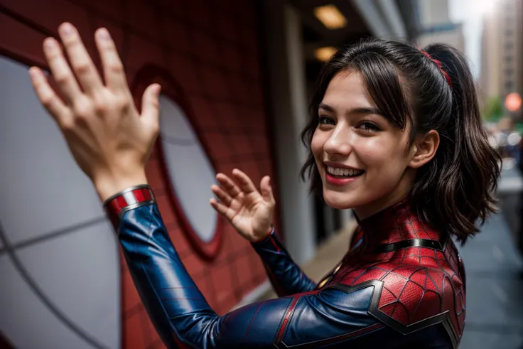 Marvel movies,photo of a 18 year old girl,spiderman,high five,happy,laughing,ray tracing,detail shadow,shot on Fujifilm X-T4,85mm f1.2,sharp focus,depth of field,blurry background,bokeh,motion blur,<lora:add_detail:1>,