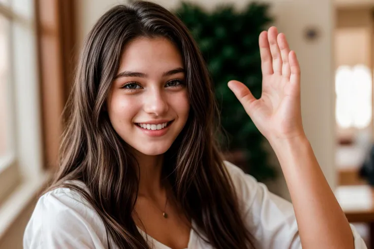 photo of a 18 year old girl,pov-high-5,happy,laughing,ray tracing,detail shadow,shot on Fujifilm X-T4,85mm f1.2,depth of field,blurry background,bokeh,motion blur,<lora:add_detail:1>,