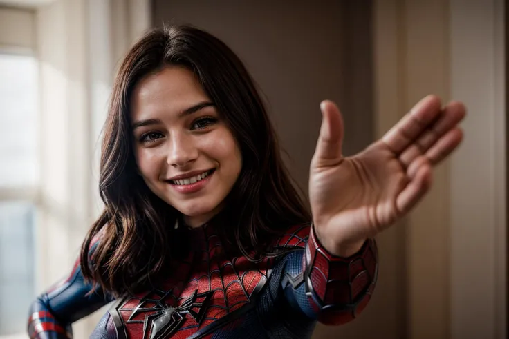 Marvel movies,photo of a 18 year old girl,spiderman,high five,happy,laughing,ray tracing,detail shadow,shot on Fujifilm X-T4,85mm f1.2,sharp focus,depth of field,blurry background,bokeh,motion blur,<lora:add_detail:1>,