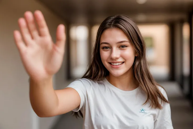 photo of a 18 year old girl,high five,happy,laughing,shirt,ray tracing,detail shadow,shot on Fujifilm X-T4,85mm f1.2,sharp focus,depth of field,blurry background,bokeh,motion blur,<lora:add_detail:1>,