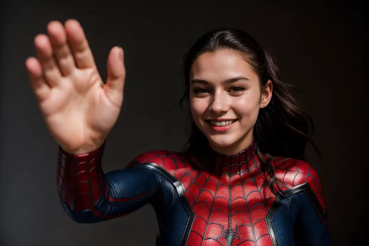 Marvel s,photo of a 18 year old girl,spiderman,high five,happy,laughing,floating hair,ray tracing,detail shadow,shot on Fujifilm X-T4,85mm f1.2,sharp focus,depth of field,blurry background,bokeh,motion blur,<lora:add_detail:1>,