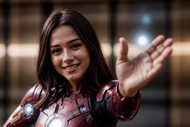 Marvel movies,photo of a 18 year old girl,ironman,high five,happy,laughing,ray tracing,detail shadow,shot on Fujifilm X-T4,85mm f1.2,sharp focus,depth of field,blurry background,bokeh,motion blur,<lora:add_detail:1>,