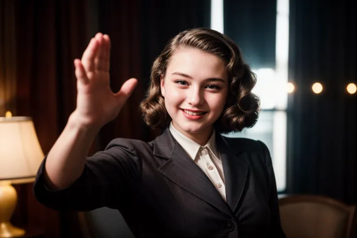 film noir style,1940s,photo of a 18 year old girl,high five,happy,laughing,ray tracing,detail shadow,shot on Fujifilm X-T4,85mm f1.2,sharp focus,depth of field,blurry background,bokeh,lens flare,motion blur,<lora:add_detail:1>,