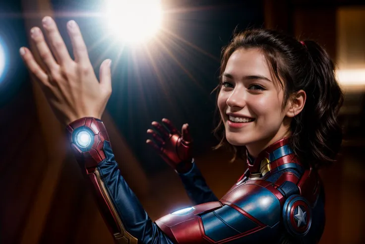 Marvel movies,photo of a 18 year old girl,ironman,high five,happy,laughing,ray tracing,detail shadow,shot on Fujifilm X-T4,85mm f1.2,sharp focus,depth of field,blurry background,bokeh,motion blur,<lora:add_detail:1>,