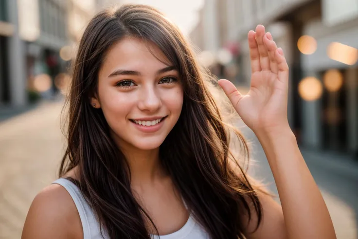 dphoto of a 18 year old girl,pov-high-5,happy,laughing,ray tracing,detail shadow,shot on Fujifilm X-T4,85mm f1.2,depth of field,blurry background,bokeh,motion blur,<lora:add_detail:1>,