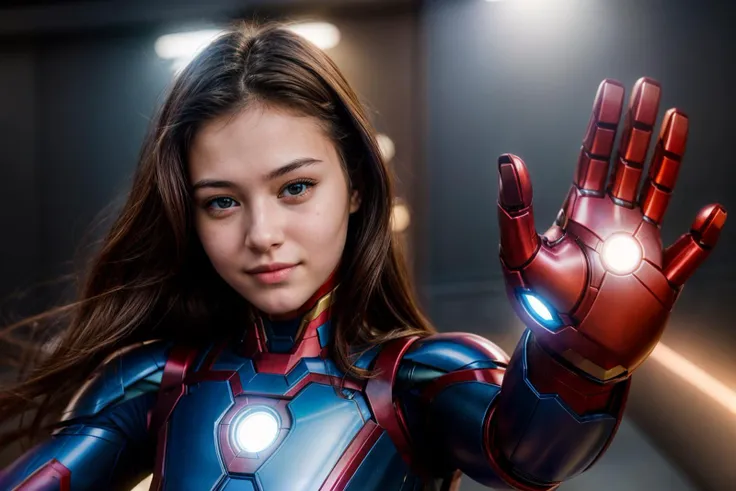 marvel movies,photo of a 18 year old girl,ironman,high five,happy,ray tracing,detail shadow,shot on Fujifilm X-T4,85mm f1.2,sharp focus,depth of field,blurry background,bokeh,lens flare,motion blur,<lora:add_detail:1>,