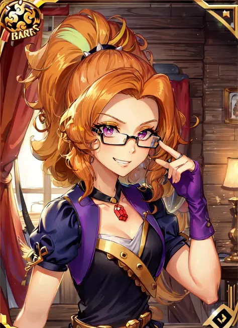 score_9, score_8_up, score_7_up, aurora (league of legends), 1girl, blue eyes, bunny ears, freckles, bangs, braid, dressed as halloween, round glasses, earrings, smile, red hair, short and wavy