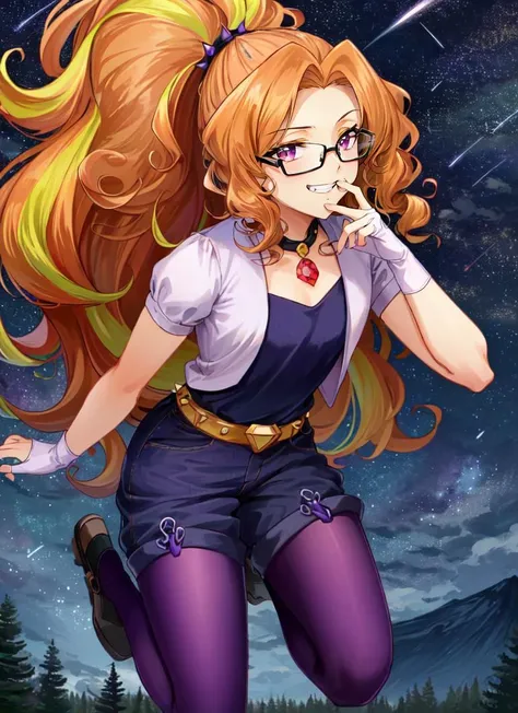 ((best quality)), ((highly detailed)), masterpiece, extremely detailed face, beautiful face, (detailed eyes, deep eyes), (1girl), (glasses), full body, <lora:mlp_adagiodazzle:1>, mlpdazzle, multicolored hair, orange hair, blonde hair, ((curly hair)), ponytail, purple eyes, wide hips, grin, dress, purple shorts, pantyhose, fingerless gloves, belt, jewelry, spikes, (at a pine_tree forest, evening, night sky, stars, blue moon, shooting star)