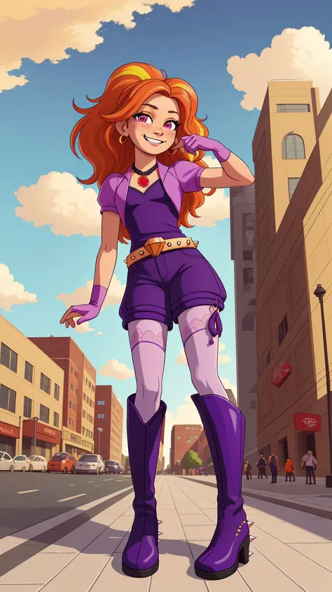 best quality,best quality,highly detailed,(masterpiece:1.1),detailed face,beautiful face,full body,(detailed eyes:1.1),(deep eyes:1.1),looking at viewer,earrings,(grin:0.9),elbow gloves,thighboots,necklace,jewelry,thighhighs,solo,blush,lace,highres,absurdres,huge filesize,lipstick,standing,intricate details,rtx,god rays,groin,(small breasts:1.21),highest quality,photorealistic,vivid colors,perfect anatomy,perfect face,perfect eyes,1girl,city,day,8k,high resolution,hyper detailed,highest quality,clouds,<lora:mlp_adagiodazzle-10:0.8>,mlpdazzle,purple shorts,pantyhose,fingerless gloves,belt,spikes,sidewalk,(spoken musical note),(from below:1.1),orange hair,