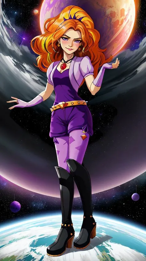 best quality,best quality,highly detailed,(masterpiece:1.1),detailed face,beautiful face,full body,(detailed eyes:1.1),(deep eyes:1.1),looking at viewer,earrings,(grin:0.9),elbow gloves,thighboots,necklace,jewelry,thighhighs,solo,blush,lace,highres,absurdres,huge filesize,lipstick,standing,(intricate details:1.1),rtx,god rays,groin,(small breasts:1.21),highest quality,photorealistic,vivid colors,perfect anatomy,perfect face,perfect eyes,1girl,city,day,wallpapers,aesthetics,ethereal,8k,high resolution,hyper detailed,cinematic,dynamic composition,highest quality,clouds,space,planets,four-dimensional,fabulous view,fairy,<lora:mlp_adagiodazzle-10:1>, mlpdazzle,dress,purple shorts,pantyhose,fingerless gloves,belt,spikes,