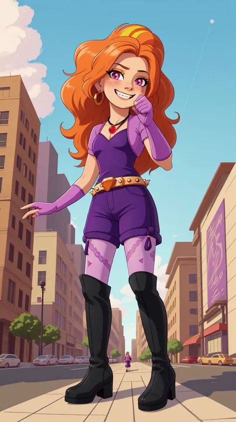 best quality,best quality,highly detailed,(masterpiece:1.1),detailed face,beautiful face,full body,(detailed eyes:1.1),(deep eyes:1.1),looking at viewer,earrings,(grin:0.9),elbow gloves,thighboots,necklace,jewelry,thighhighs,solo,blush,lace,highres,absurdres,huge filesize,lipstick,standing,intricate details,rtx,god rays,groin,(small breasts:1.21),highest quality,photorealistic,vivid colors,perfect anatomy,perfect face,perfect eyes,1girl,city,day,8k,high resolution,hyper detailed,highest quality,clouds,<lora:mlp_adagiodazzle-10:0.8>,mlpdazzle,purple shorts,pantyhose,fingerless gloves,belt,spikes,sidewalk,(spoken musical note),(from below:1.1),orange hair,