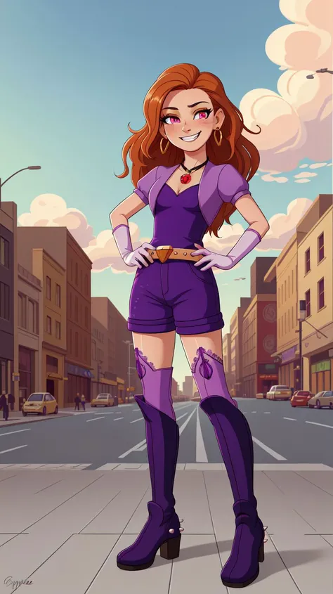 best quality,best quality,highly detailed,(masterpiece:1.1),detailed face,beautiful face,full body,(detailed eyes:1.1),(deep eyes:1.1),looking at viewer,earrings,(grin:0.9),elbow gloves,thighboots,necklace,jewelry,thighhighs,solo,blush,lace,highres,absurdres,huge filesize,lipstick,standing,(intricate details:1.1),rtx,god rays,groin,(small breasts:1.21),highest quality,photorealistic,vivid colors,perfect anatomy,perfect face,perfect eyes,1girl,city,day,8k,high resolution,hyper detailed,highest quality,clouds,<lora:mlp_adagiodazzle-10:0.8>,mlpdazzle,purple shorts,pantyhose,fingerless gloves,belt,spikes,sidewalk,spoken musical note,