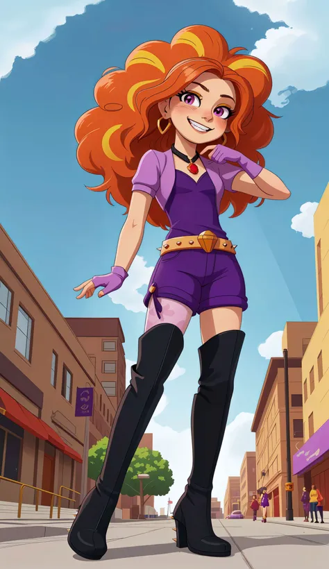 best quality,best quality,highly detailed,(masterpiece:1.1),detailed face,beautiful face,full body,(detailed eyes:1.1),(deep eyes:1.1),looking at viewer,earrings,(grin:0.9),elbow gloves,thighboots,necklace,jewelry,thighhighs,solo,blush,lace,highres,absurdres,huge filesize,lipstick,standing,intricate details,rtx,god rays,groin,(small breasts:1.21),highest quality,photorealistic,vivid colors,perfect anatomy,perfect face,perfect eyes,1girl,city,day,8k,high resolution,hyper detailed,highest quality,clouds,<lora:mlp_adagiodazzle-10:0.8>,mlpdazzle,purple shorts,pantyhose,fingerless gloves,belt,spikes,sidewalk,(spoken musical note:1.1),(from below:1.1),orange hair,