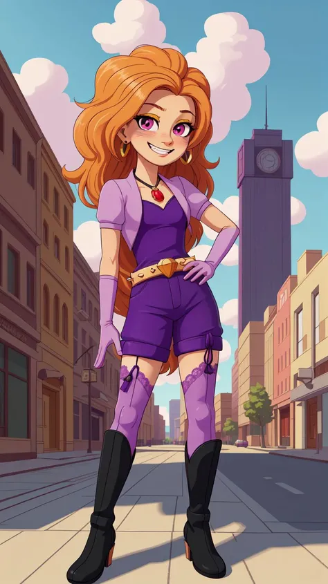 best quality,best quality,highly detailed,(masterpiece:1.1),detailed face,beautiful face,full body,(detailed eyes:1.1),(deep eyes:1.1),looking at viewer,earrings,(grin:0.9),elbow gloves,thighboots,necklace,jewelry,thighhighs,solo,blush,lace,highres,absurdres,huge filesize,lipstick,standing,(intricate details:1.1),rtx,god rays,groin,(small breasts:1.21),highest quality,photorealistic,vivid colors,perfect anatomy,perfect face,perfect eyes,1girl,city,day,8k,high resolution,hyper detailed,highest quality,clouds,<lora:mlp_adagiodazzle-10:0.8>,mlpdazzle,purple shorts,pantyhose,fingerless gloves,belt,spikes,sidewalk,