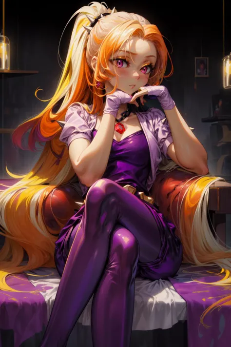 masterpiece,best quality,1girl,mlpdazzle,ponytail,multicolored hair,orange hair,blonde hair,long hair,purple eyes,dress,purple shorts,pantyhose,fingerless gloves,belt,jewelry,spikes,expressionless,sitting,crossed legs,looking to the side,hand on own face,<lora:mlp_adagiodazzle:1>,<lora:Concept-control tool-add_detail-CyberAIchemist:1>,
