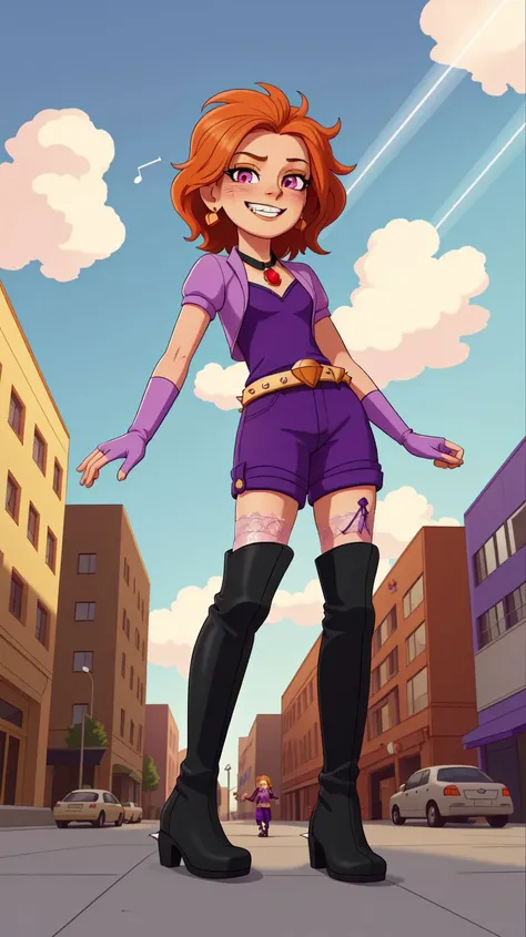 best quality,best quality,highly detailed,(masterpiece:1.1),detailed face,beautiful face,full body,(detailed eyes:1.1),(deep eyes:1.1),looking at viewer,earrings,(grin:0.9),elbow gloves,thighboots,necklace,jewelry,thighhighs,solo,blush,lace,highres,absurdres,huge filesize,lipstick,standing,intricate details,rtx,god rays,groin,(small breasts:1.21),highest quality,photorealistic,vivid colors,perfect anatomy,perfect face,perfect eyes,1girl,city,day,8k,high resolution,hyper detailed,highest quality,clouds,<lora:mlp_adagiodazzle-10:0.8>,mlpdazzle,purple shorts,pantyhose,fingerless gloves,belt,spikes,sidewalk,(spoken musical note),(from below:1.1),orange hair,