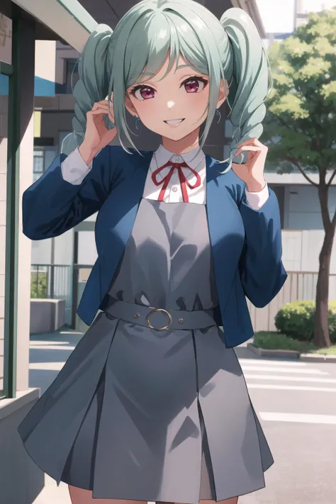 masterpiece,best quality,highres,ultra-detailed,aaanchovy,long hair,twin drills,bangs,hair ribbon,anzio school uniform,long sleeves,black cape,emblem,black necktie,wing collar,dress shirt,black belt,(black skirt:1.1),white pantyhose,loafers,<lora:anchovy:0.8>,outdoors,cherry blossoms,standing,cowboy shot,smile,