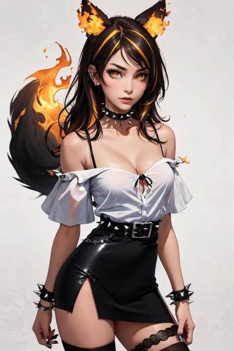 (masterpiece:1.3), (highly detailed:1.3), (highres:1.1), best quality, Ultra-detail, 1girl, solo, looking at viewer, fiery tail, wolf ears, Sinder vtuber, cleavage, standing, excited, red top, black mini skirt, pleated skirt. midriff, brunette, seductive, wide hips, from behind,
