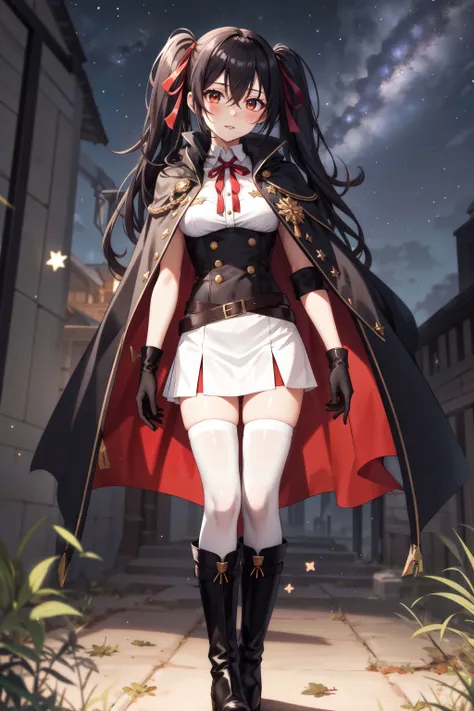 1girl, bangs, black cape, black footwear, black gloves, black hair, boots, breasts, brown eyes, cape, cloak, gloves, hair between eyes, hair ribbon, jacket on shoulders, knee boots, long hair, looking at viewer, medium breasts, night, night sky, outdoors, red cape, red ribbon, ribbon, shooting star, skirt, sky, solo, standing, star \(sky\), starry sky, thighhighs, twintails, very long hair, white legwear